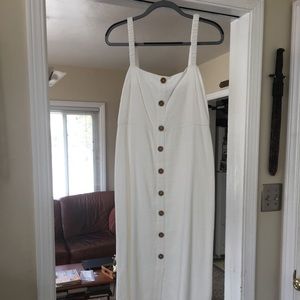 White linen dress with tortoise shell buttons
